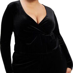 Good American Womens Black Velvet Wrap Front V Neck Long Sleeve Top Blouse- 2XL